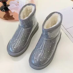 2024 Winter New Warm Diamond Snow Boots Woman Flat Shoes Waterproof Plush Warm Shining Crystal Soft Sole Women's Boots