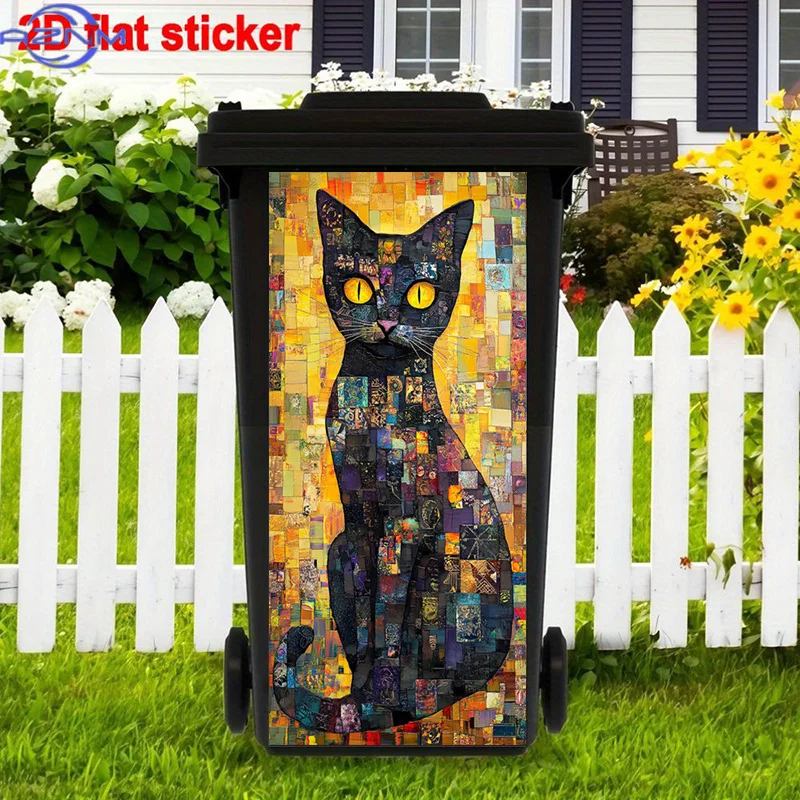 Colorful Black Cat Trash Can Sticker | Self-Adhesive, Mosaic Style, Abstract Design, High-Glossy Polyvinyl, Suitable For Bedro