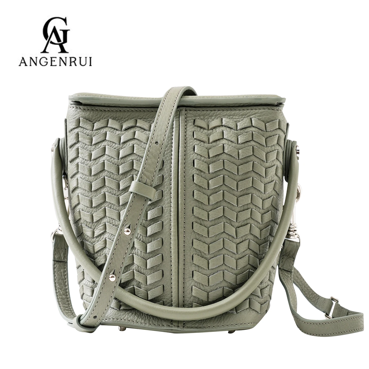 

ANGENGRUI Brand Women's Genuine Leather Handbag Retro Handwoven Cowhide Shoulder Bag Fashion Bucket Design Bag