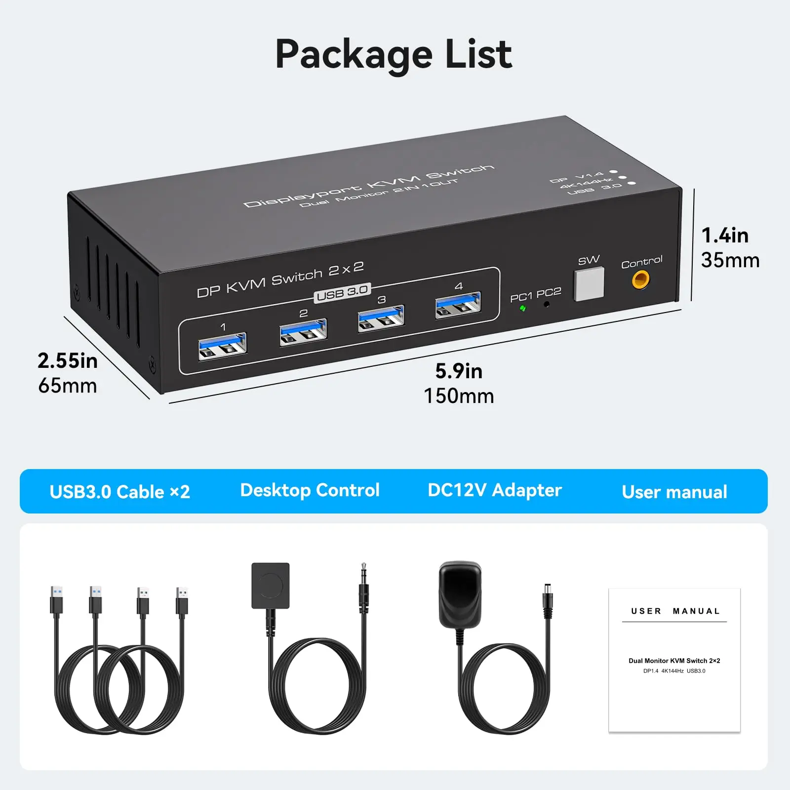 Displayport KVM Switch 2 Monitors 2 Computers 4K@144Hz USB3.0 KVM Switch Dual Monitor for 2 Computers Support Extended/Copy Mode