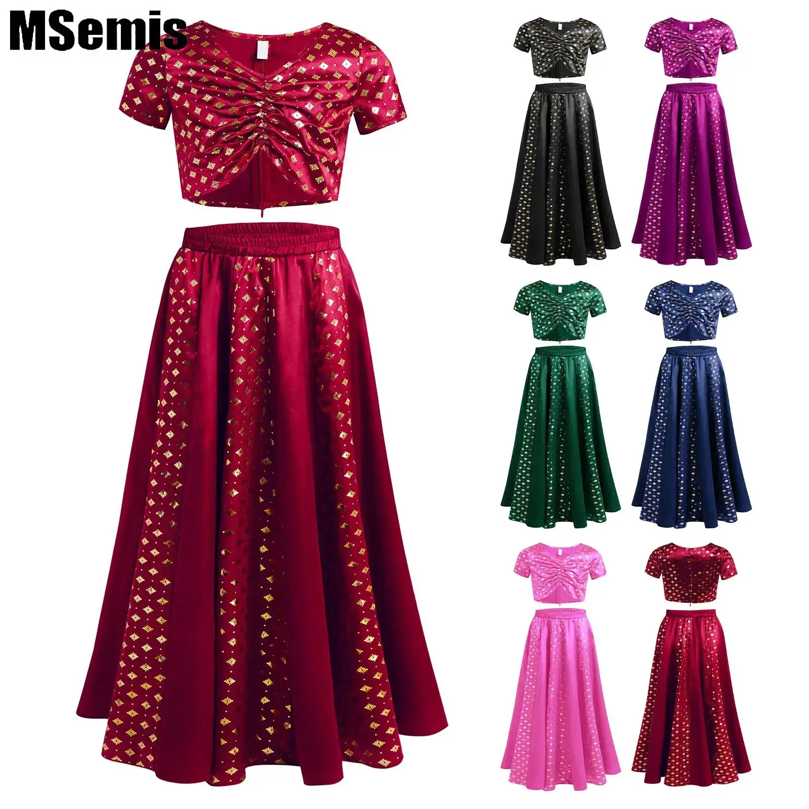 

Kids Girls Indian Lehenga Choli Sets Short Sleeve Metallic Floral Print Ruched Satin Crop Top with Skirt for Halloween Role Play