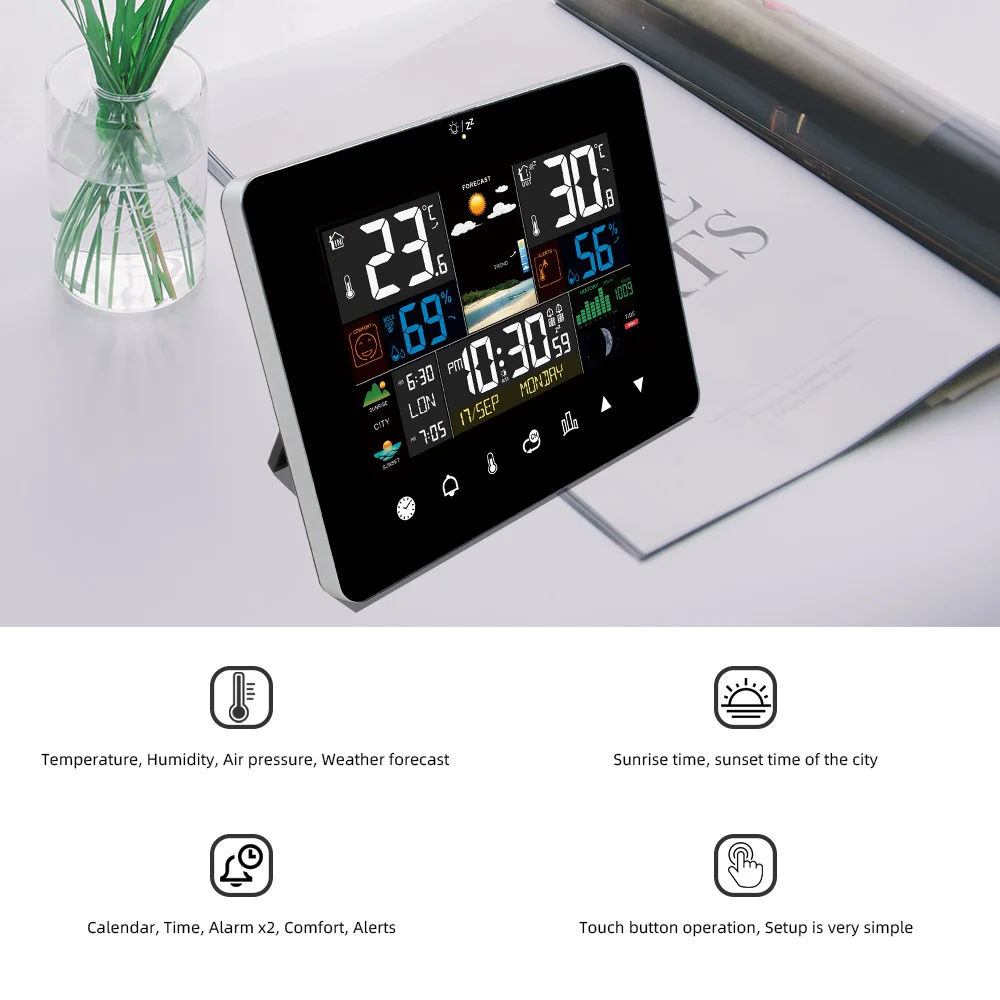 Weather Station Touch Screen Wall Clock Temperature Humidity Meter Table Desk Clocks with Outdoor Sensor Sunrise Sunset