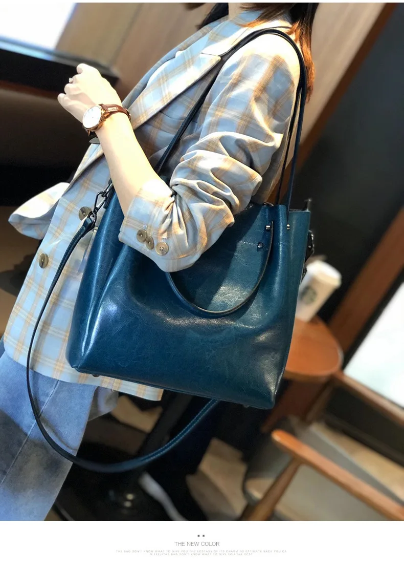 Women\'s Shoulder Bag High-capacity Casual Tote Oil Wax Cowhide Leather Handbag Lady Commuting Bucket High Quality Messenger Bag