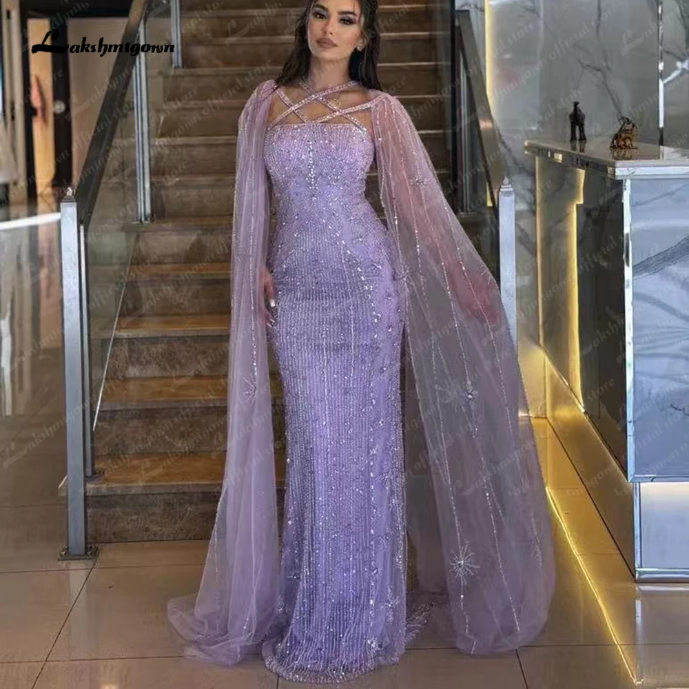 Lakshmigown Mermaid Lilac Elegant Cape Sleeves Beaded Luxury Dubai Evening Dresses Gowns For Women Wedding Party