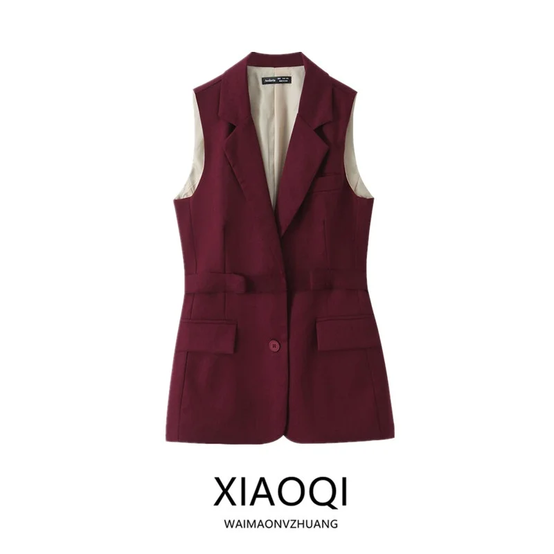 

Spring 2026 Women's Versatile Linen Cotton Heavy Metal Belted Suit Jacket Vest Outerwear Fashionable Chinese Made Mid-Length