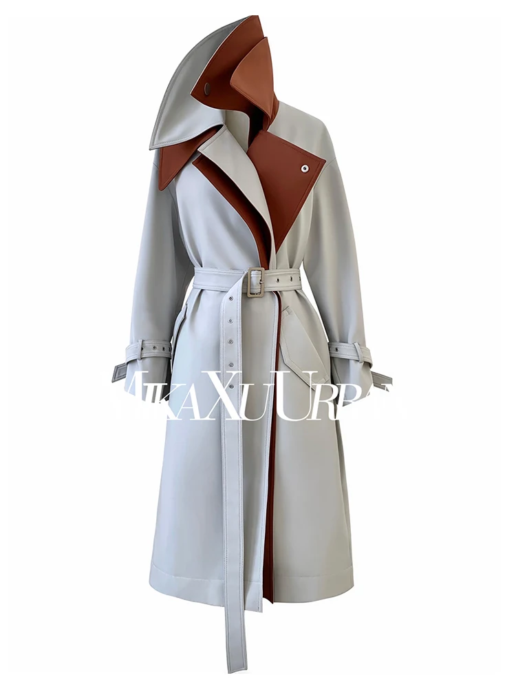 Lautaro Spring Autumn Patchwork Trench Coat for Women Belt Runway European Fashion Cool Stylish Luxury Designer Clothes 2023