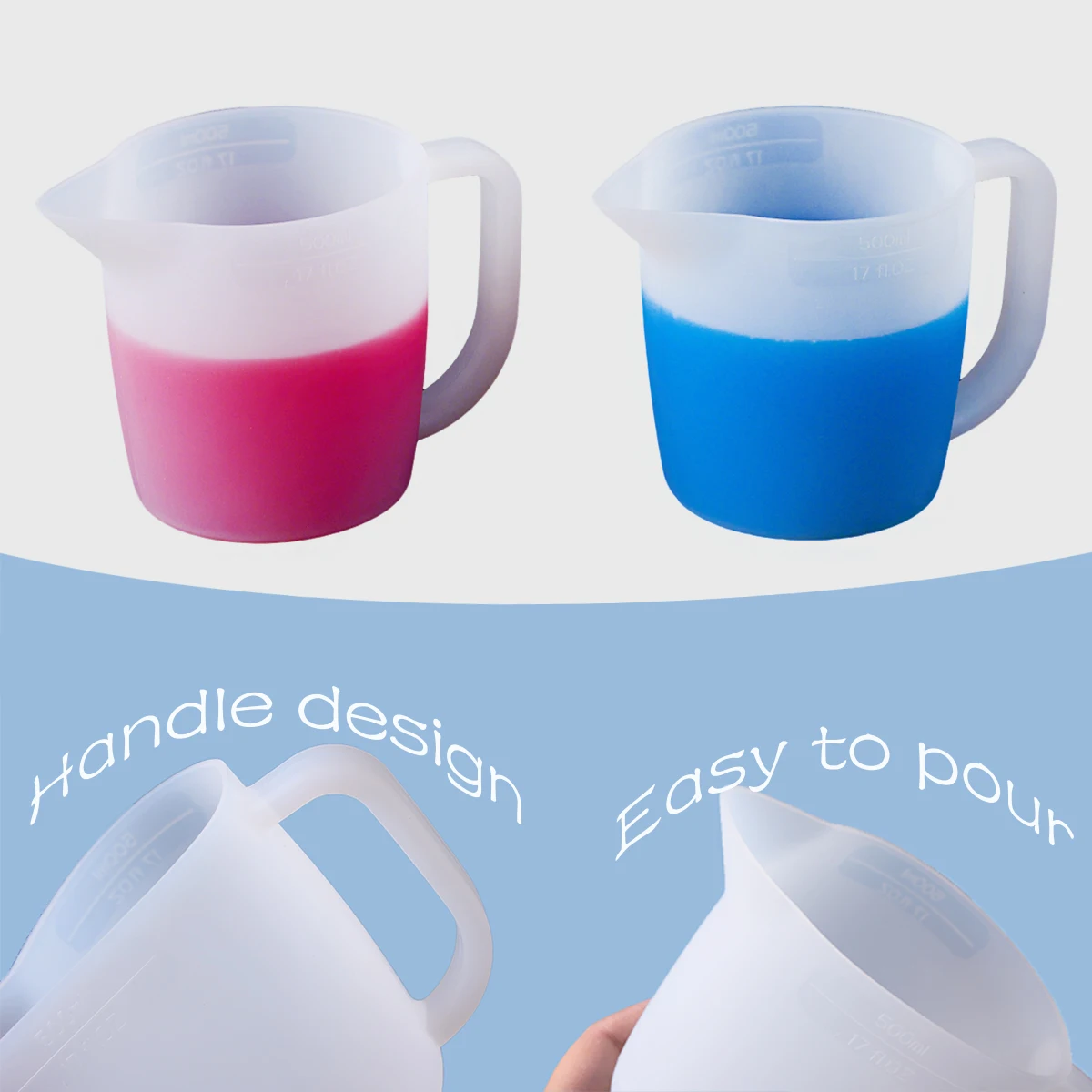 500ML Silicone Measuring Cup with Handle for DIY Mixed Epoxy Resin Pigment Crafts Making Tools Reused Easy to Clean Scale Cup