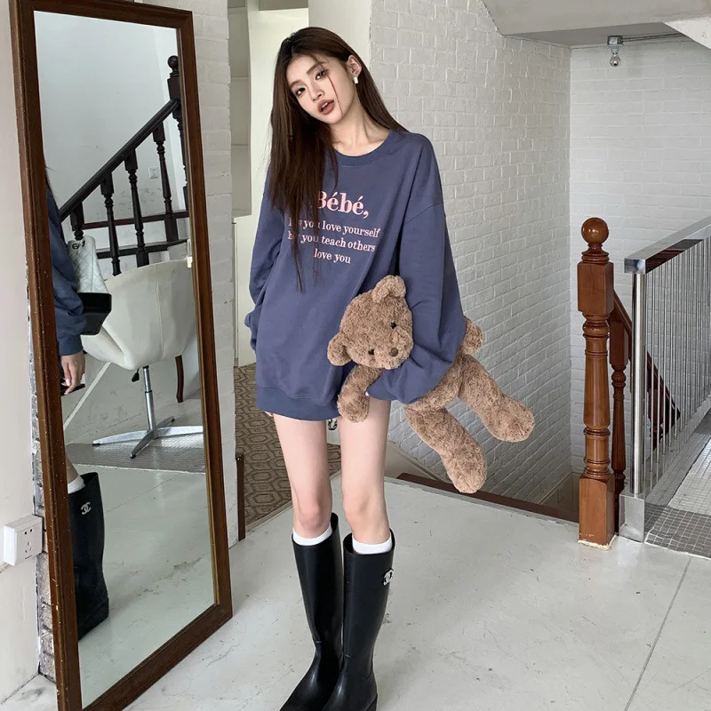 

Autumn Simple Grey Versatile Sweatshirts O-neck Long Sleeve Loose Kawaii Hoodie Female Letter Print Casual Tops Women Hoody