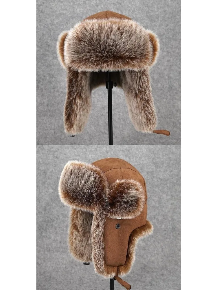58-60cm Lei Feng Hat Motorcycle Men's Winter Imitation Fox Hair Thickened Ear Protection Coldproof Warm Windproof Ski Cap