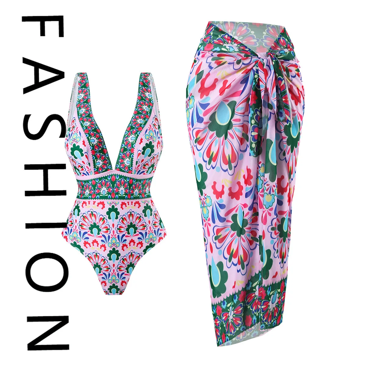 

2025 new sexy bikini one-piece swimsuit chiffon skirt wrap skirt shoulder V-neck swimsuit beach gathering conservative belly cov