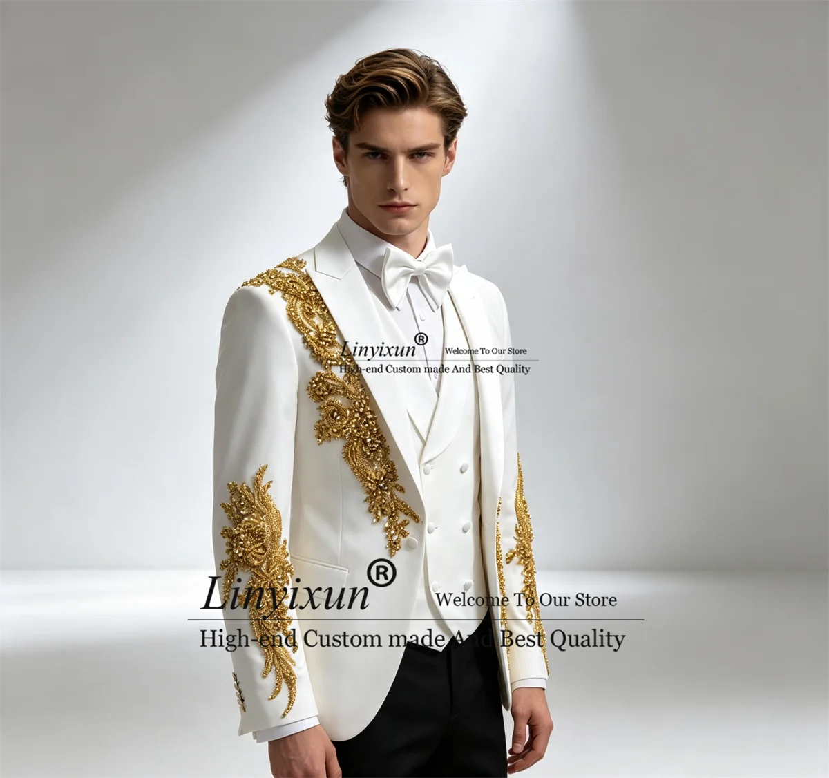 Customized Jewelry Appliques Men Suit 3 Pieces Set Wedding Party ropa hombre Glitter Beads Diamond Groom Party Male Prom Blazers