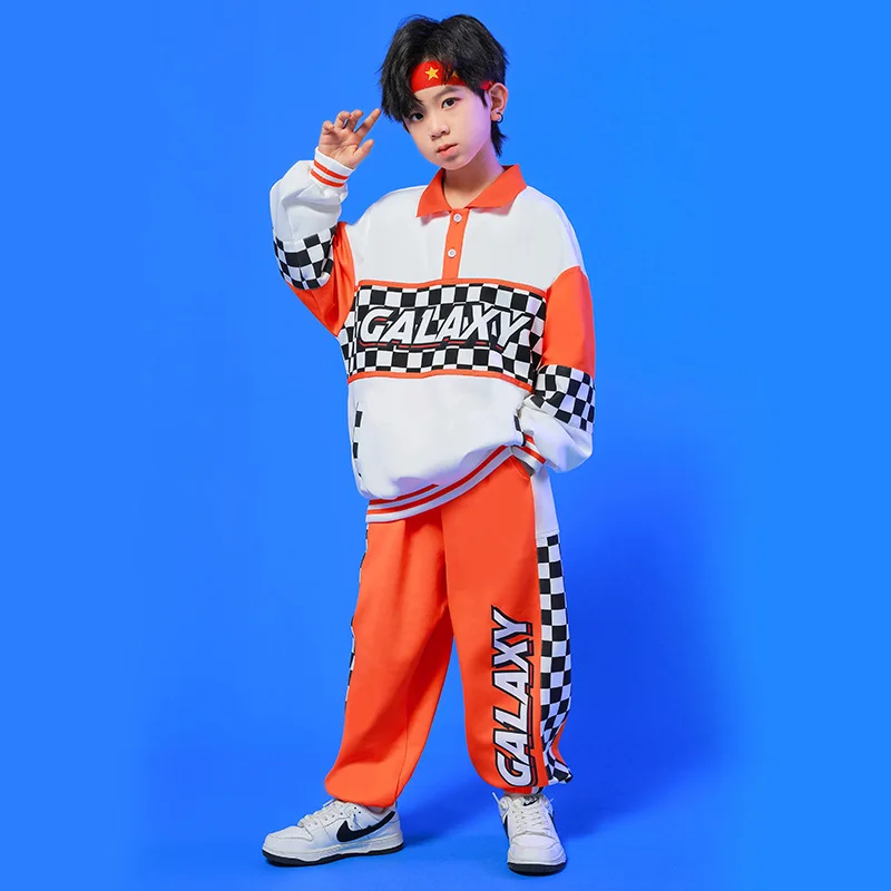 Kid Hip Hop Clothing White Orange Polo Sweatshirt Checkered Jogger Sweat Pants Skirt for Girl Boy Dance Costume Clothes Outfits