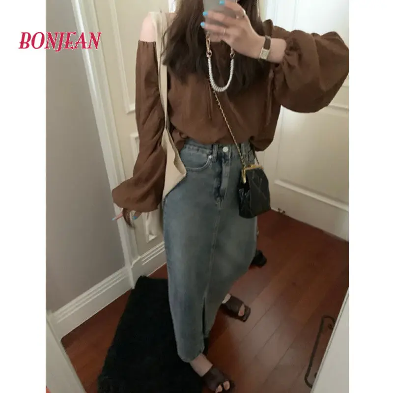 Fashion Retro Long Summer Spring Denim Skirts Girls High Waist Button Loose Pockets Split Jeans Straight Maxi Denim Skirts 2022