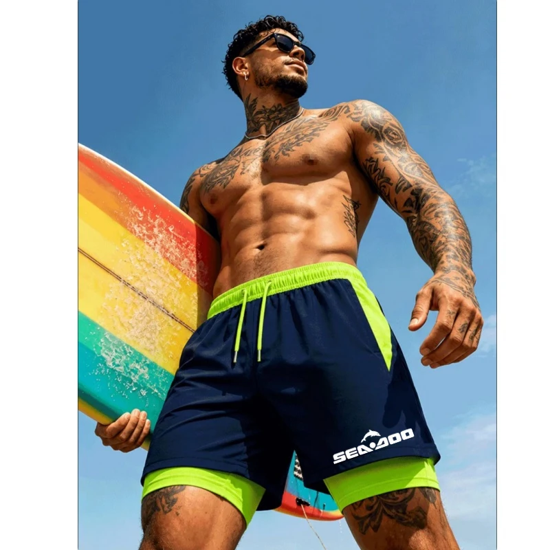 Gym Workout Men Double Layer Sport Shorts Quick Dry Shark Print Compression Liner Running Short With Pockets