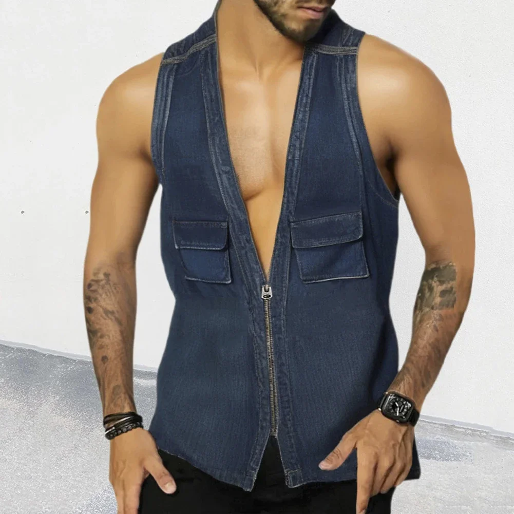 

Jean Vest Fashion Patchwork Vest Casual Outings Patchwork Pockets Polyester Fabric Slight Stretch Solid Color V Neck