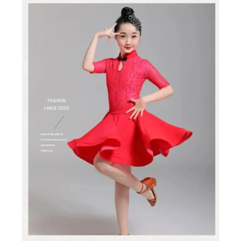 ละติน Ballroom Dress JUNIOR เต้นรำละตินสีแดง Flamenco Dance
