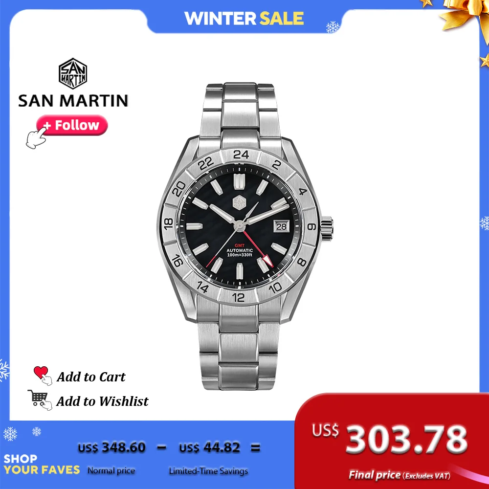 San Martin New 42mm Luxury Stainless Steel Watch NH34 GMT Automatic Mechanical Watches for Men MOP Dial Waterproof 10Bar SN0130