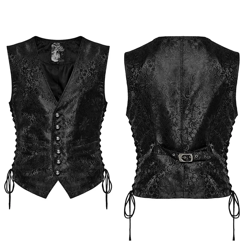 PUNK RAVE Men\'s Gothic Exquisite Jacquard Waistcoat Eyelet Drawstring Design Party Club Elegant Slim Black Men Vest