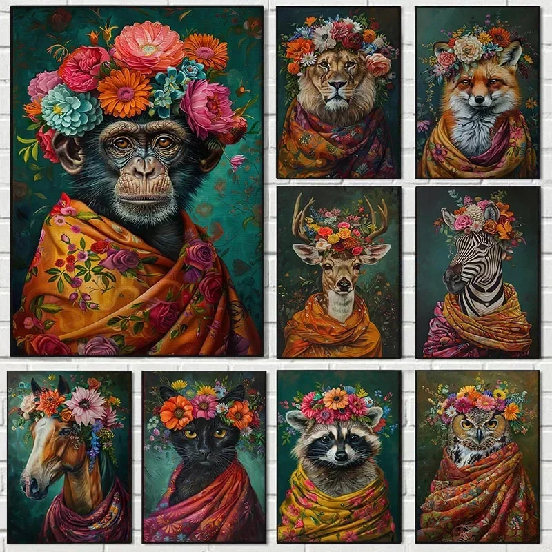 Vintage Maximalist Floral Wild Animal Canvas Painting Lion Owl Peacock Wolf Flower Poster Print Wall Art Picture Home Decor