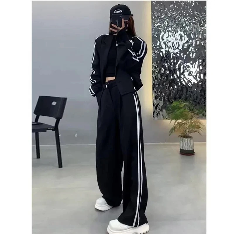 Spring Cropped Two-piece Suit Women Short Blazer Jacket +Loose Wide Leg Pants Ladies Joggers Casual Tracksuit Female Autumn New