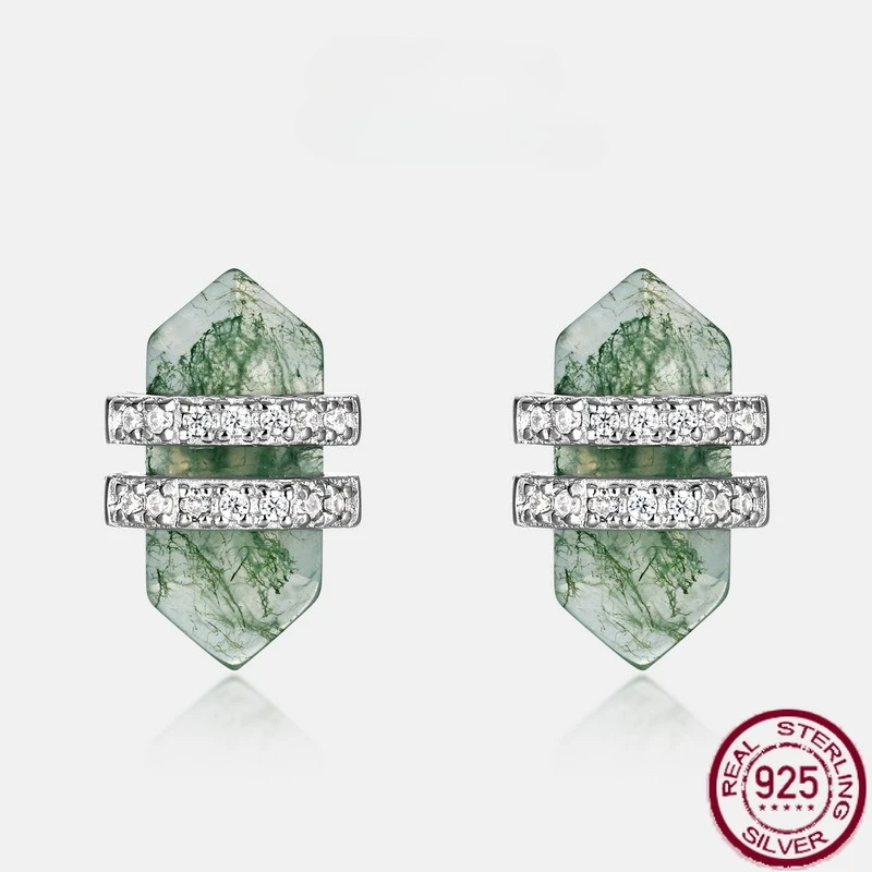 

S925 Sterling Silver Personalized Fashionable Earrings for Women, Inlaid with Aquatic Agate and Green Moss Stone - A Light Luxur