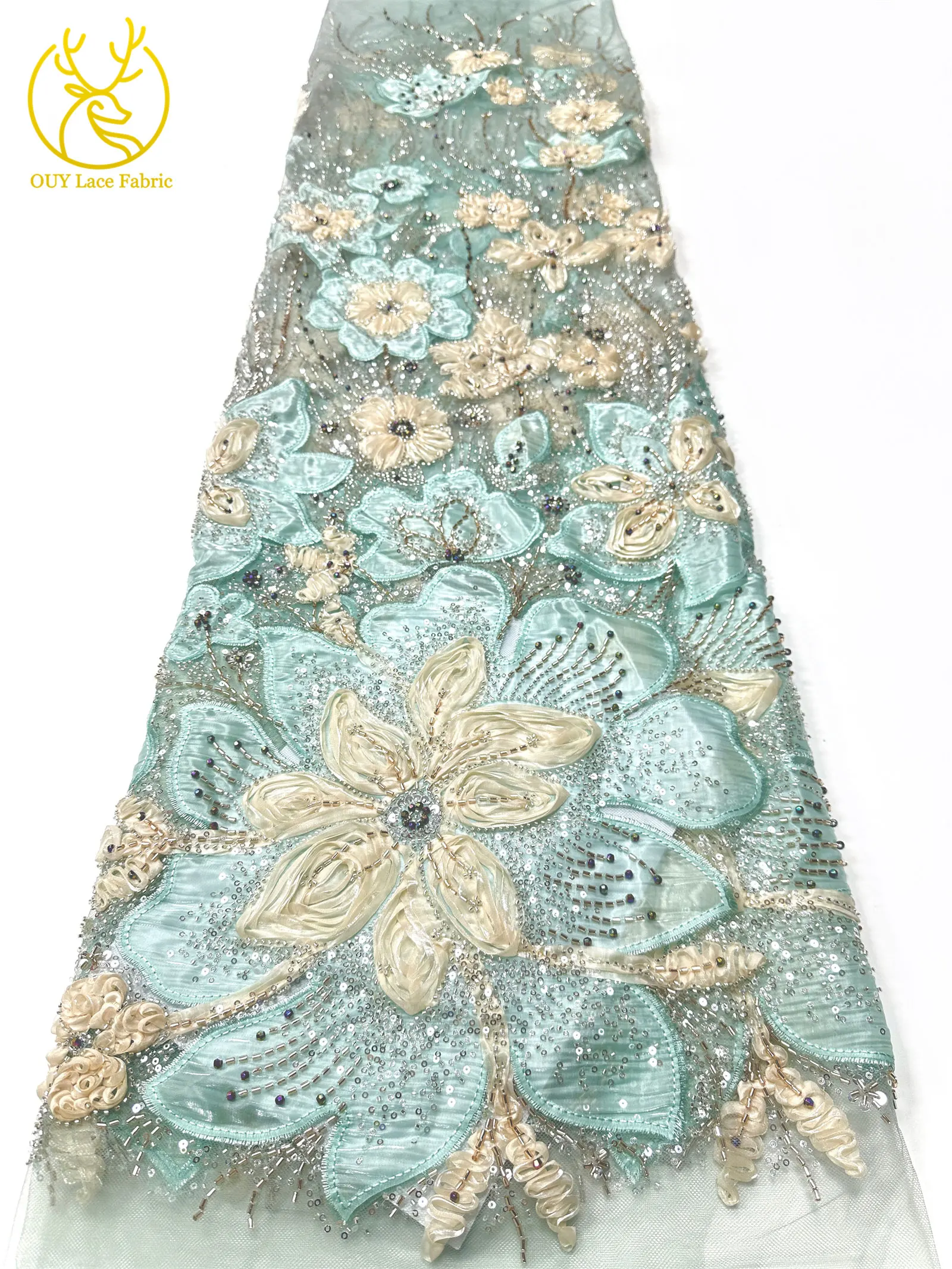 3D-Blumen-Tüll, afrikanischer Spitzenstoff, eleganter französischer nigerianischer Perlen-Pailletten-Mesh-Spitzenstoff für Damen, Hochzeitskleid-Design-Stoff – Detail 27