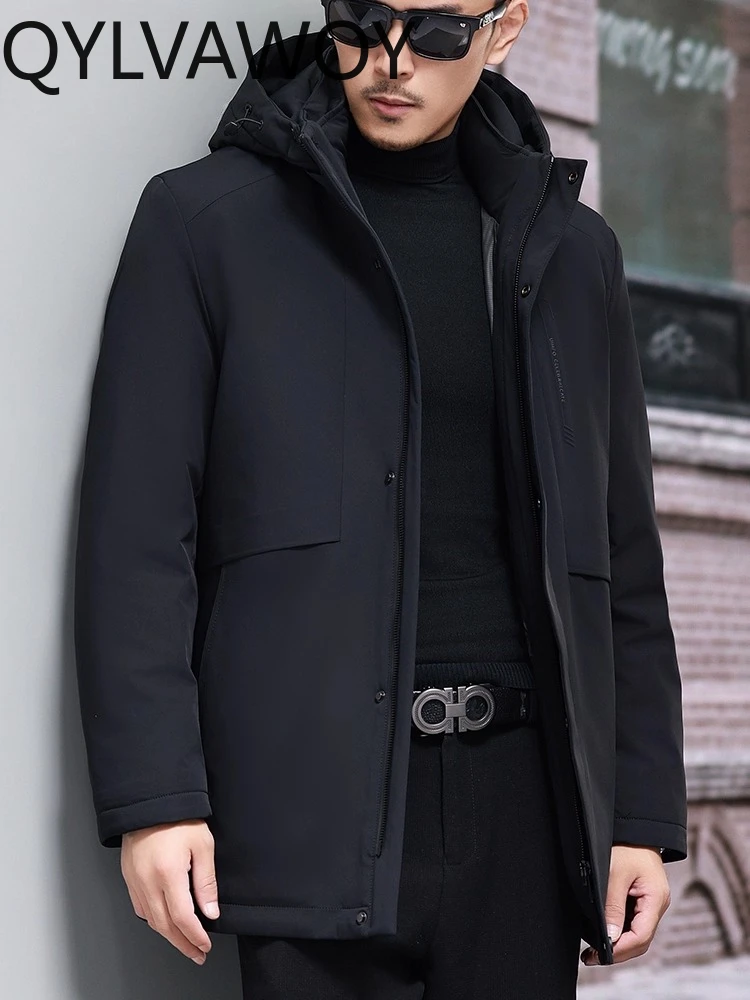 QYLVAWOY 84% Polyamide 2024 Winter New Down Jacket Warm Hooded Outerwear Middle-Aged Men's Dad's Outfit Top LJ2549