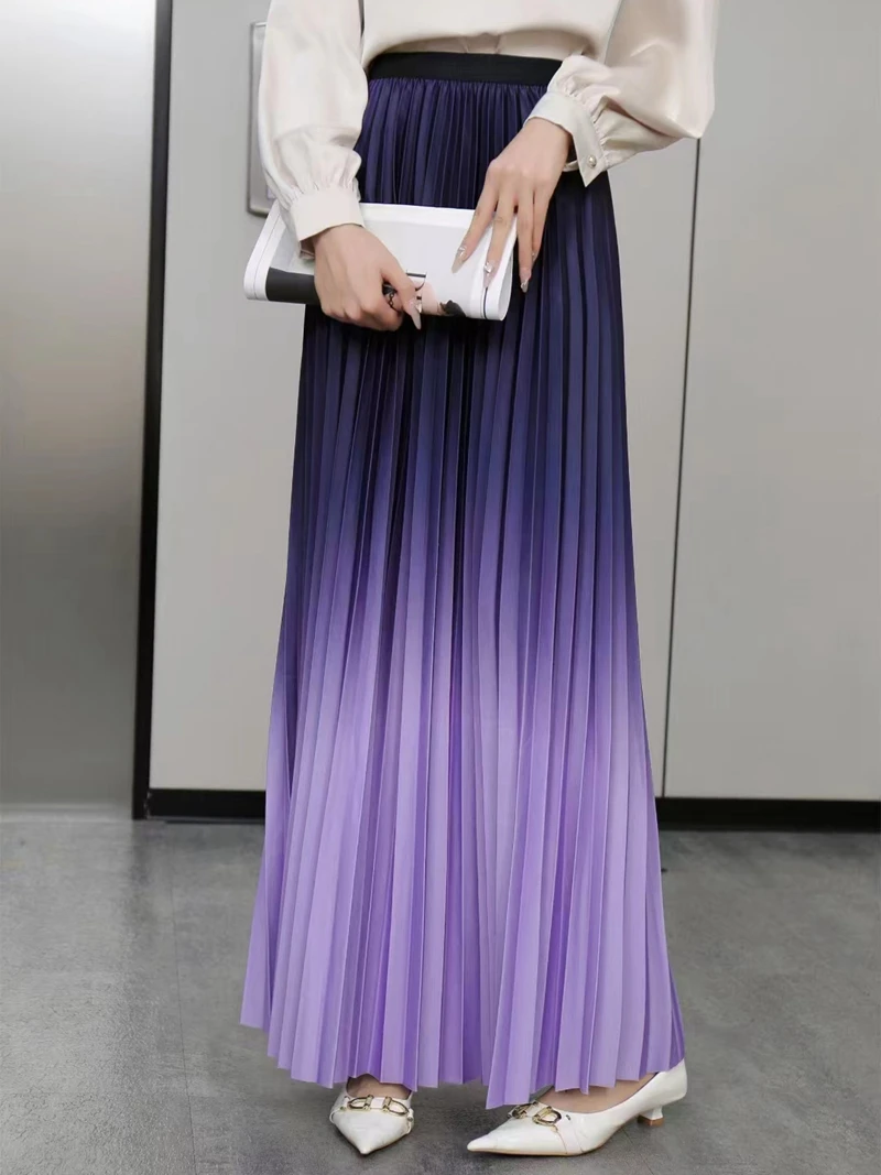 Pleated Skirt Women Floor-Length Long Skirt Korean Fashion Gradient Elastic High Waist A-line Dance Party Skirt Spring Autumn