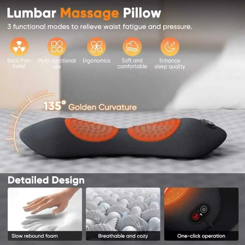 1 Set Back Massage Pillow For Back Pain Relief Herniated Disc Stretch Support Traction Lower 3-in-1 Back Massager Heat Vibration