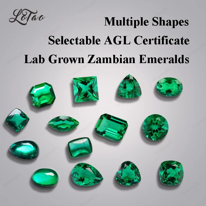 Lab Grown Zambian Emeralds Hydrothermal Hand Cutting Multiple Shapes Selectable Certificate with Cracks Inclusions Inside