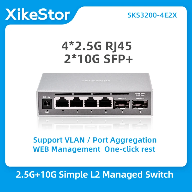 

XikeStor 2.5G Простой управляемый коммутатор L2 4-портовый 2,5G RJ45 2-портовый 10G SFP+ Ethernet-коммутатор VLAN и порт Aggregation Подставка в один клик