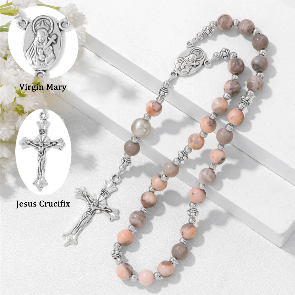Natural Pink Zebra Stone Rosary Beads with Jesus Crucifix Virgin Mary for Men & Women Prayer Bracelet Religious Baptism Gift