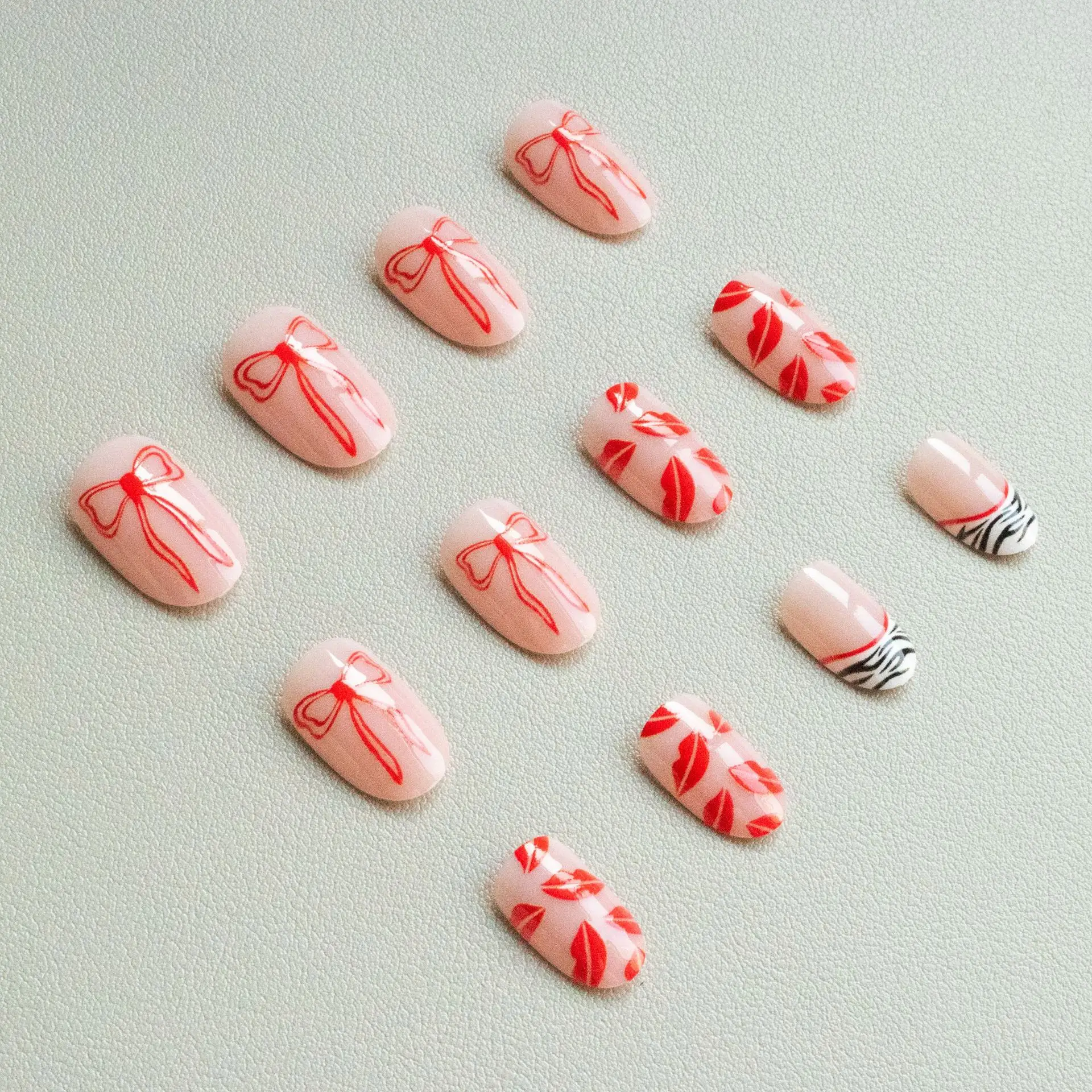 

24PCS Almond Shape Press on Nails with Bow Lip Design Love Heart Fake Nails French Zebra Pattern Sweet Cool False Nails Manicure