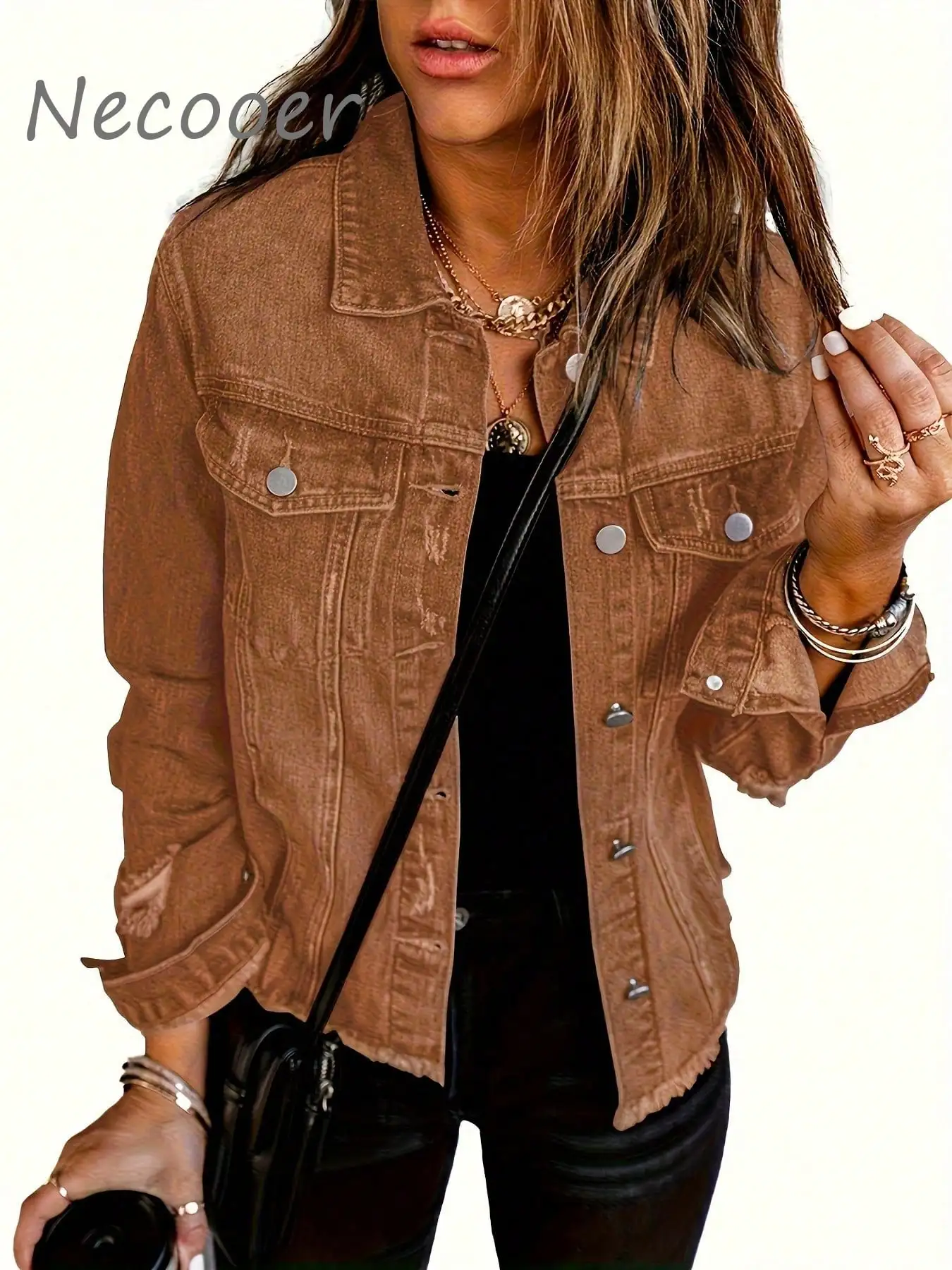 

Women's Distressed Brown Denim Jacket with Button Front and Chest Pockets