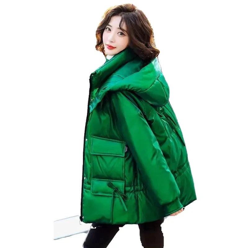 

Зима 2025, новое корейское издание, свободная глянцевая хлопковая куртка без стирки, женское утепленное пальто с капюшоном, женское теплое пальто-парка
