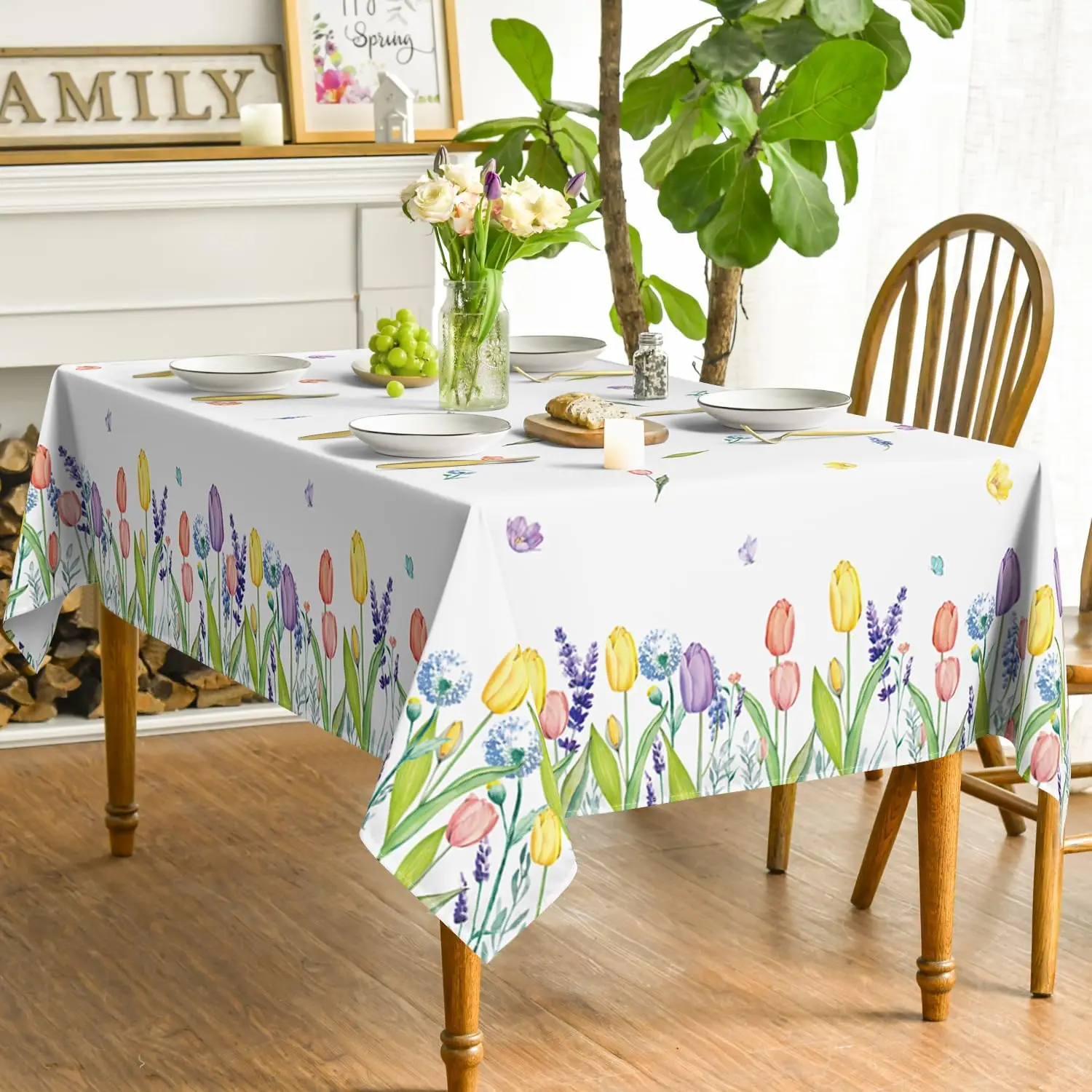 Easter Spring Summer Tablecloth Watercolor Wild Flowers Tulip Lavender Blooming Floral Tablecloth for Party Picnic Dinner Decor