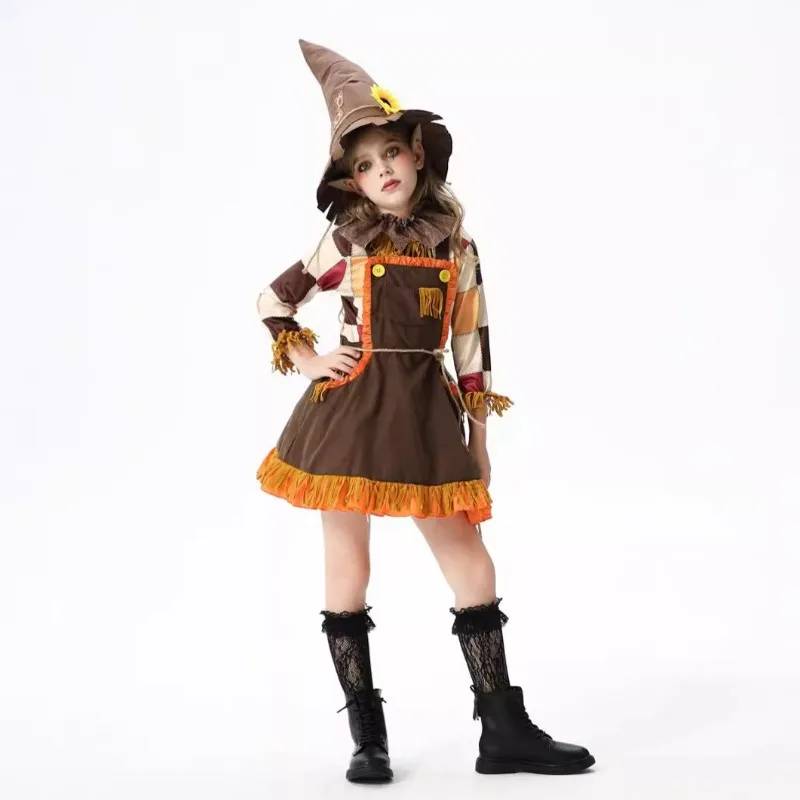 2025 New Halloween Children's Costume Pumpkin Costume Scarecrow Robin Hood Farm  Rural Costume Girls' Dress Hunter Stage Play