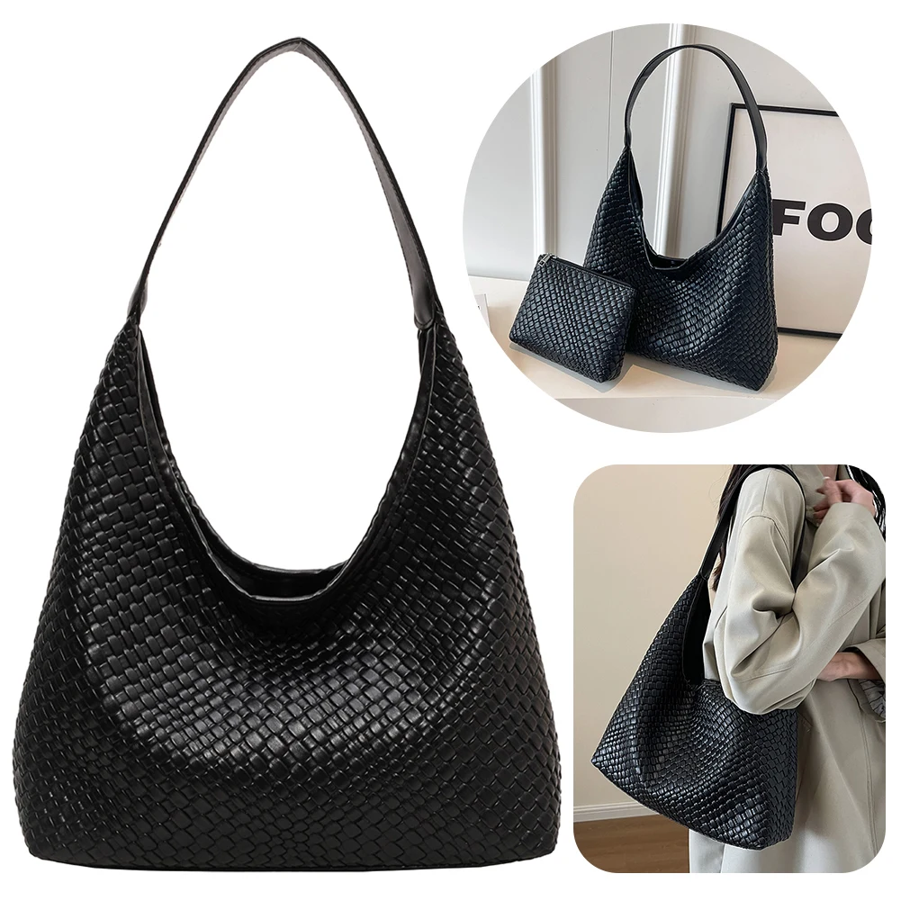 Women Large Shoulder Bag with Pouch PU Woven Tote Bag Soft Satchel Hobo Bag Leather Armpit Handbag Commuting Bag