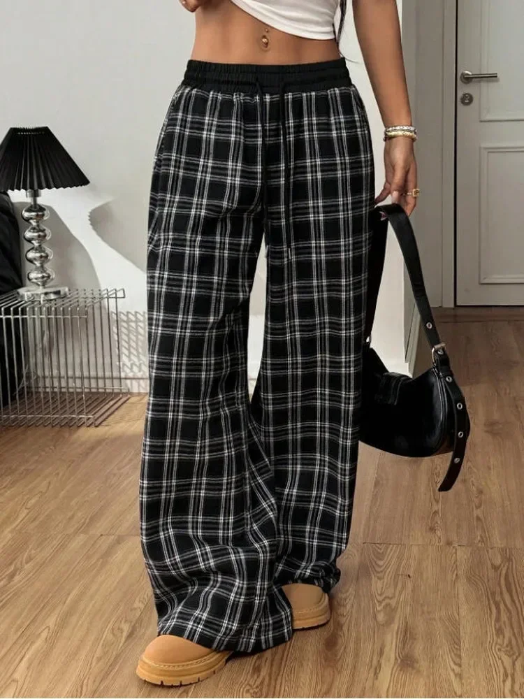 Vintage Checkered Ladies Wide Leg Trousers Elastic Drawstring High Waist Plaid Pants Loose Casual Floor Length Women Fall Pants