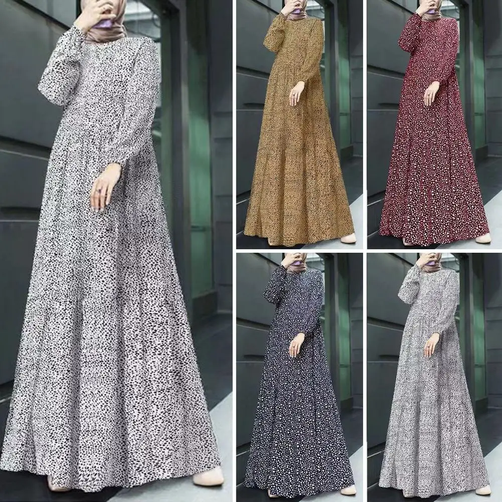 Women Maxi Dress O Neck Long Sleeve Loose A-line Big Hem Dot Print Vintage Patchwork Dubai Turkey Abaya Long Robe Dress Vestidos