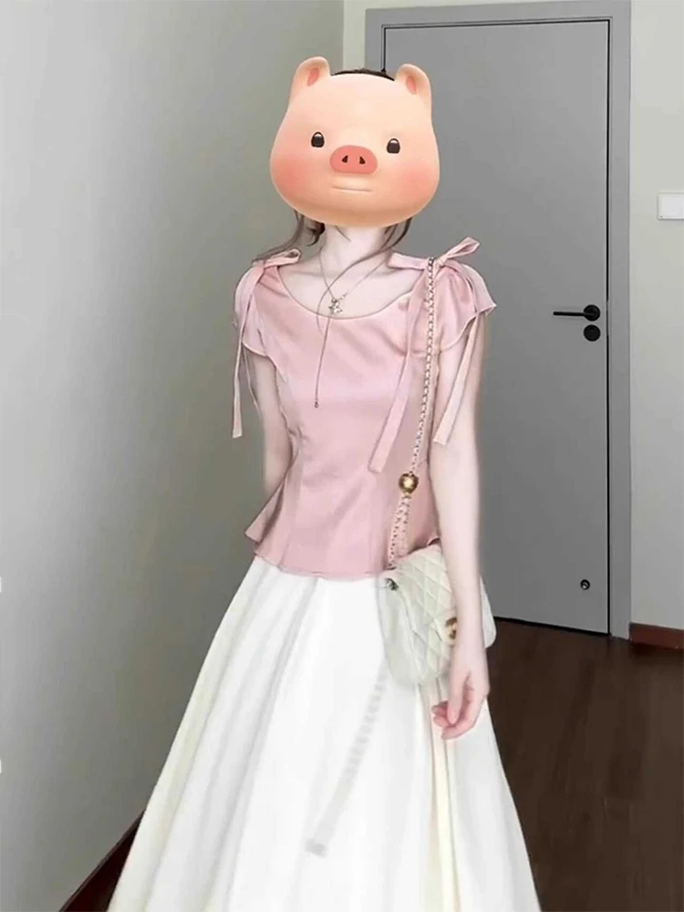 

Summer New plus Size Pink And White Two-Way Wear Half-Skirt Set Girls Style High Waist Long Sleeve round Neck A-Line Dress