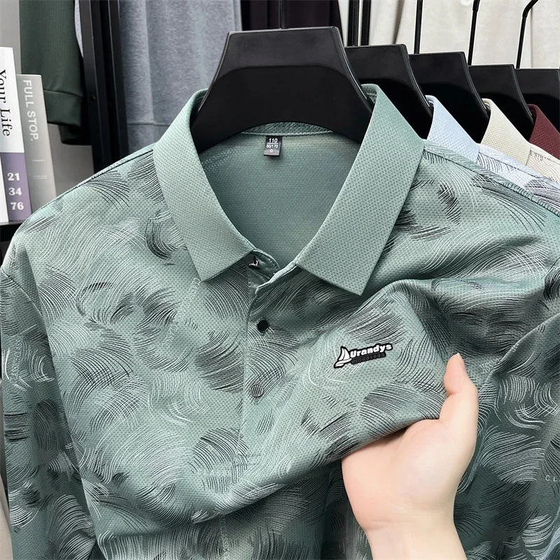 Mens Abstract Leaf Pattern Long Sleeve Polo Shirt Turn Down Collar Front Breathable Smooth Fabric Daily Casual Tops For Men
