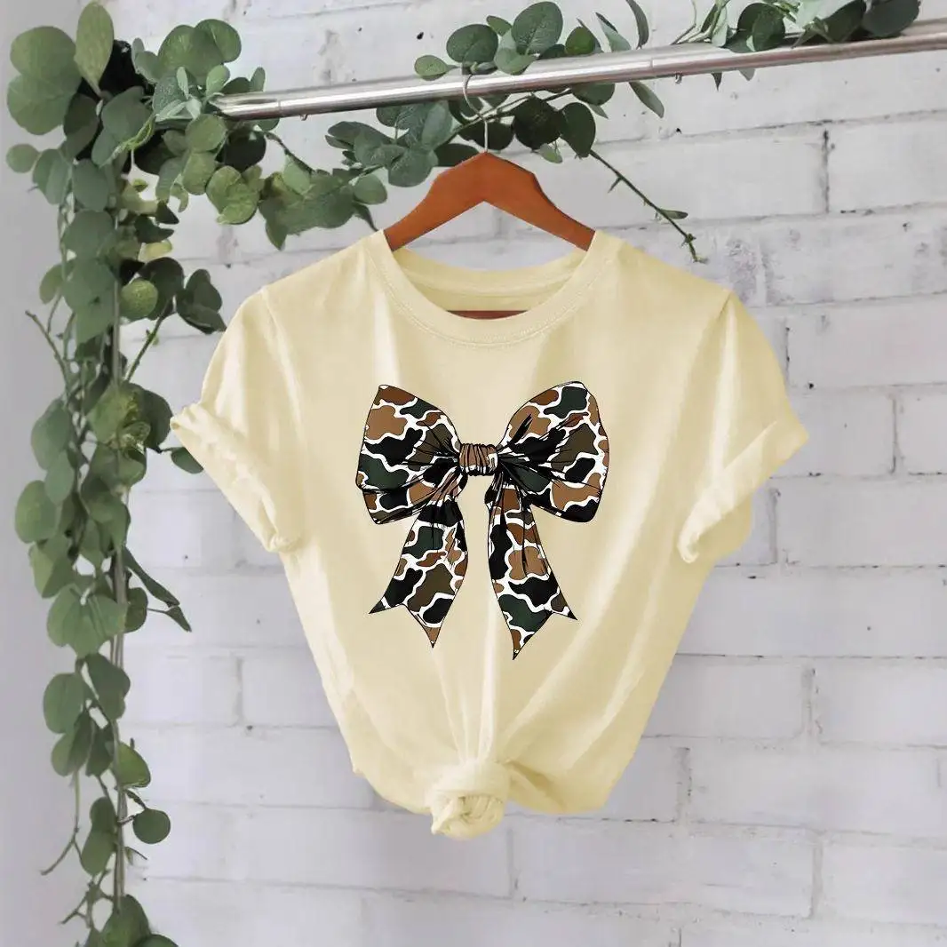 Camo Coquette Bow Duck Hunt Shirt 100% Cotton Short Sleeve round Neck Print Summer Top for Men And Women