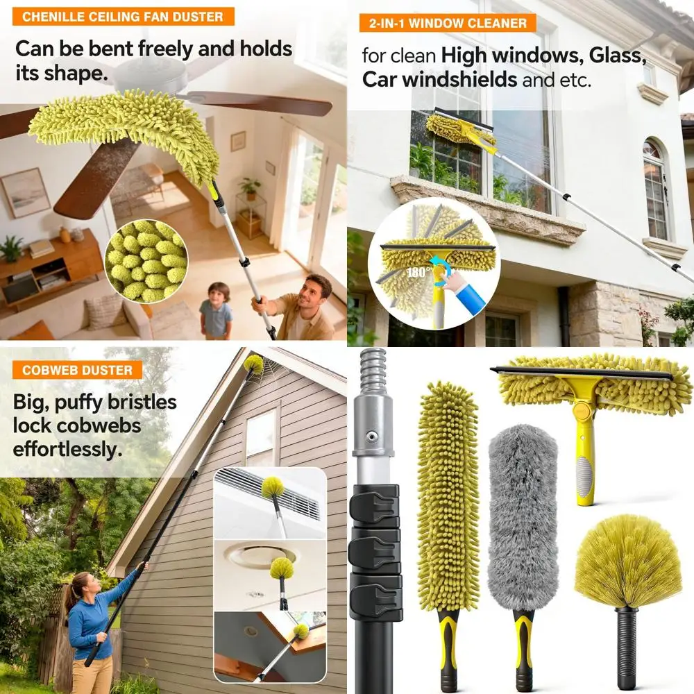 

Telescoping Extension Pole Kit, 5-in-1 High Reach Duster with Chenille Squeegee, Microfiber, and Feather Duster for Indoor & Out
