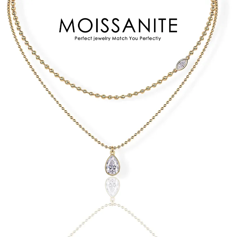 

3.5ctw Double Layer Necklace with Moissanite Teardrop and Marquise Cut Pendants – 18K Gold Plated S925 Silver Jewelry for Women