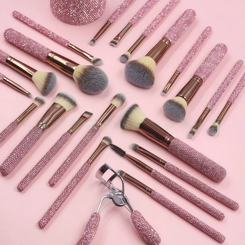 Bling Makeup Brushes with Rhinestone Face Concealer Eyeliner Blusher Puffs Eyelash Curler Storage Bucket Headbands 23 Sets