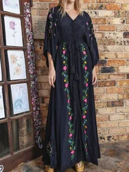 KHALEE YOSE Floral Embroidery Boho Maxi Dress Black Cotton Loose Long Sleeve V-neck Women Vocation Ladies Dresses Vestidos New