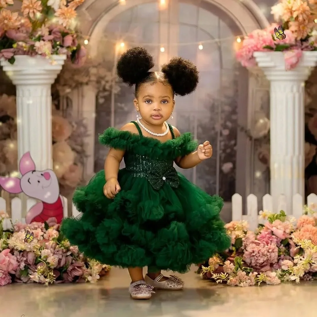 

Customized Dark Green Flower Girl Dress for Wedding Bow Sequins Off The Shoulder Princess Birthday Party First Communion Gowns