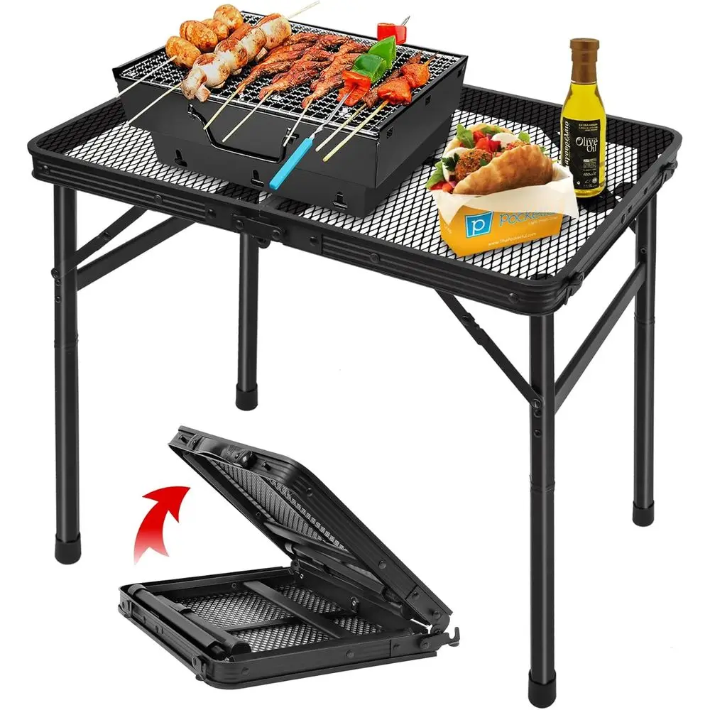 olding Grill Table Camping Table with Mesh Desktop, Lightweight & Portable Outdoor Picnic Table, Height Adjustable Portable or O