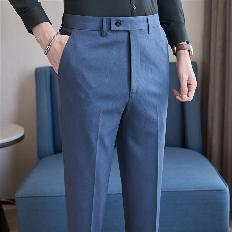 Men Pinstripe Suit Pants 2024 Autumn New Casual Straight Formal Dress Pants Elastic Slim Fit Trousers Wedding Party Men Clothing